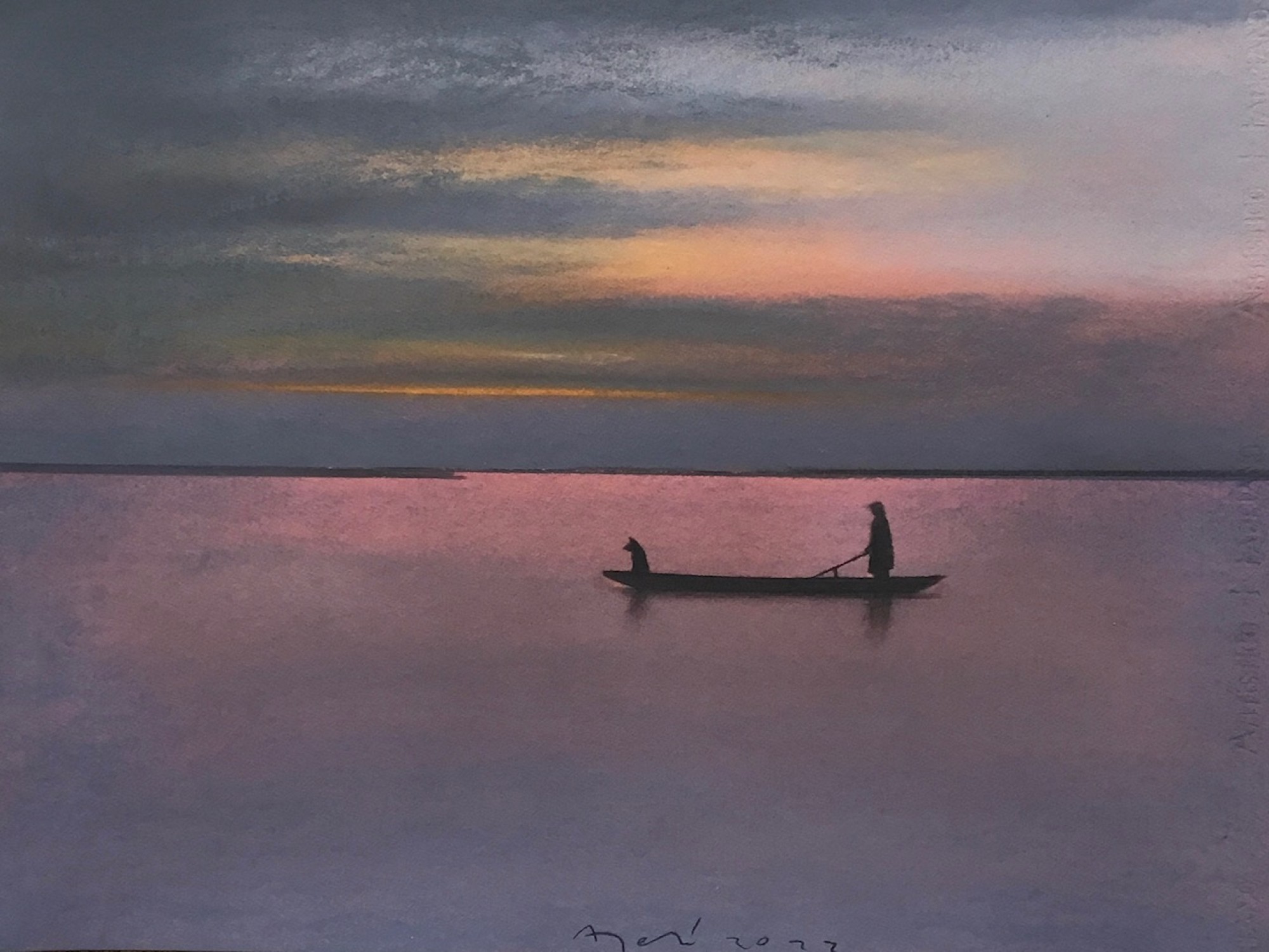 Pastellgemälde, das die schwarzen Umrisse eines Fischers und eines Hundes in einem Boot zeigt,
                                          wie sie in den letzten Sonnenstrahlen ins Meer hinausfahren.